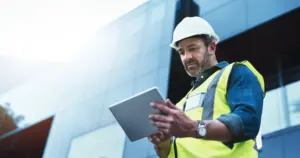Construction worker on tablet